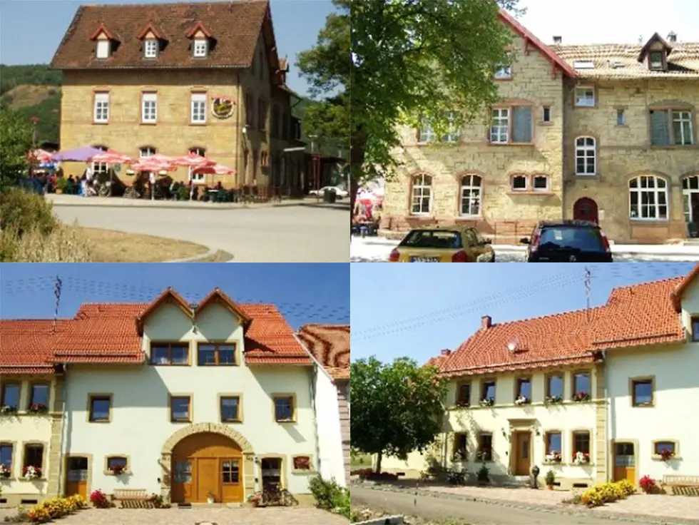 Vier Bilder von sanierten Gebäuden: Oben links ein historisches Gebäude mit Gastgarten und roten Sonnenschirmen. Oben rechts ein weiteres altes Gebäude aus hellem Stein mit parkenden Autos davor. Unten links und unten rechts zwei renovierte Wohnhäuser mit roten Ziegeldächern und Blumenschmuck an den Fenstern.