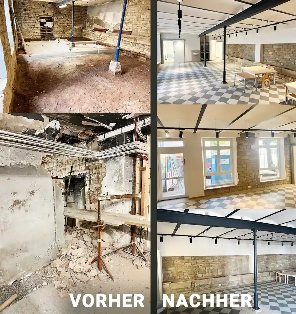 Vorher-Nachher-Vergleich einer Renovierung: Links maroder, teils abgetragener Raum, rechts heller, modernisierter Raum mit Schachbrettboden und Natursteinwänden